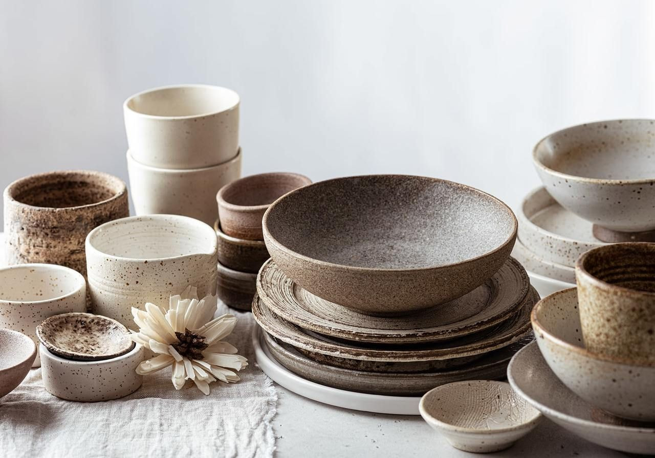 A table displaying a variety of bowls and plates in different shapes, sizes, and colors.